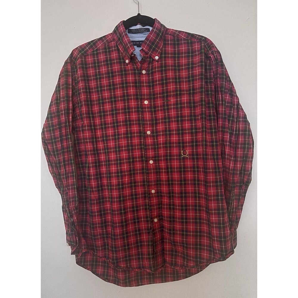 Vintage Tommy Hilfiger Men’s Small Red Tartan Plaid Button Down Shirt Crest